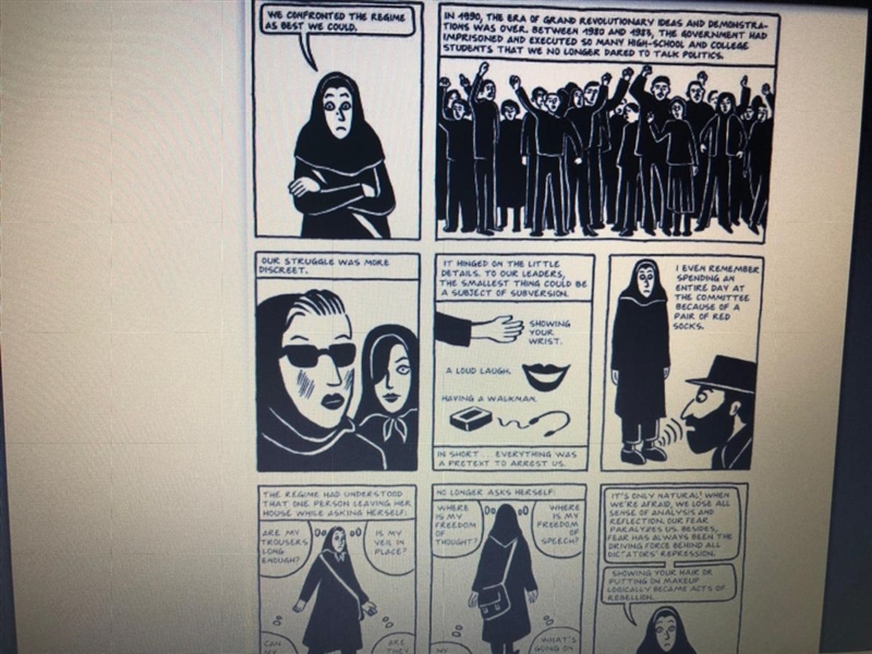 In Persepolis 2, the author mostly uses speech bubbles to— A.) Narrate the story. B-example-1