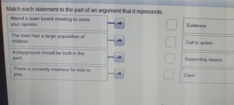 Match each statement to the part of an argument that it represents.​-example-1