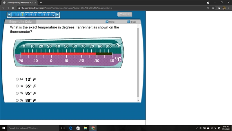 What is the exact temperature in degrees Fahrenheit as shown on the thermometer?-example-1