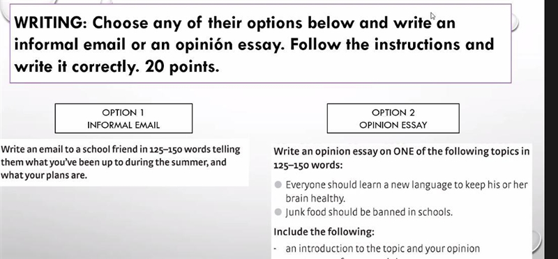 Can you help me. Choose any one of the 2 option and do. Is writting exam help.-example-1