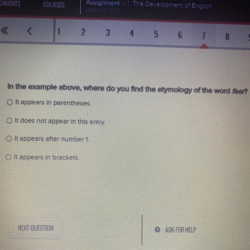 In the example above, where do you find the etymology of the word fear? It appears-example-1