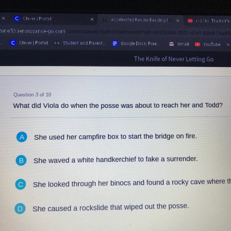 Question 3 of 10 What did Viola do when the posse was about to reach her and Todd-example-1