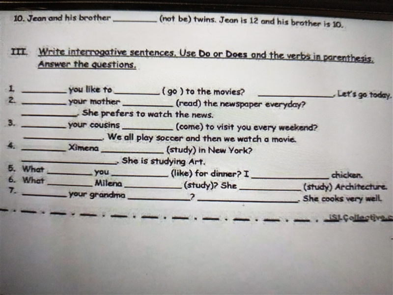 What is the answer in the sentences? Do or Does and the verb in parenthesis?-example-1