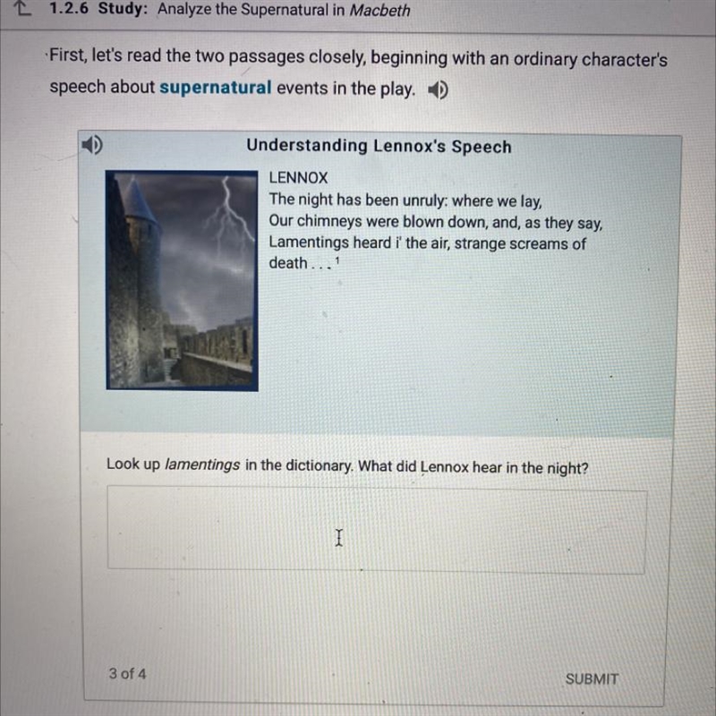 Look up lamentings in the dictionary. What did Lennox hear in the night?-example-1