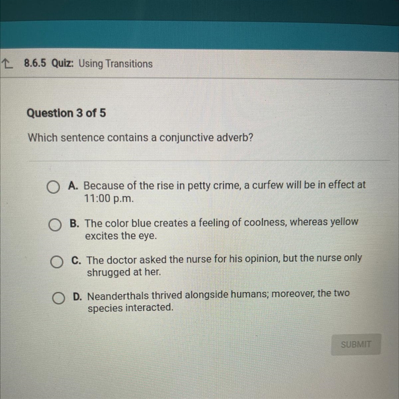 Which sentence contains a conjunctive adverb?-example-1