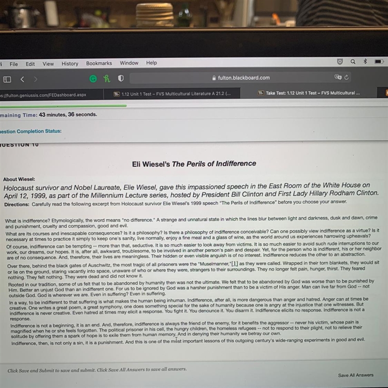 Wiesel uses questions in the first two paragraphs to ... •Identify a negative experience-example-1