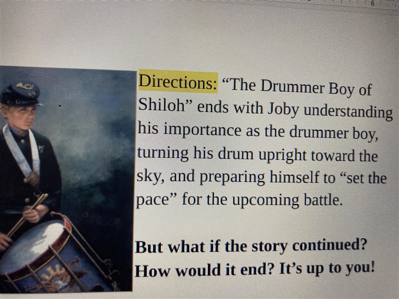 Help please! If anyone read the story “The Drummer Boy” can you please help me with-example-1