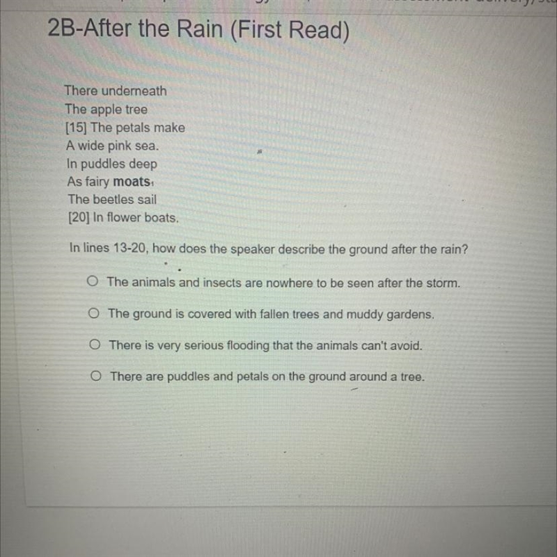 In lines 13-20,how does the speaker describe the ground after the rain?-example-1