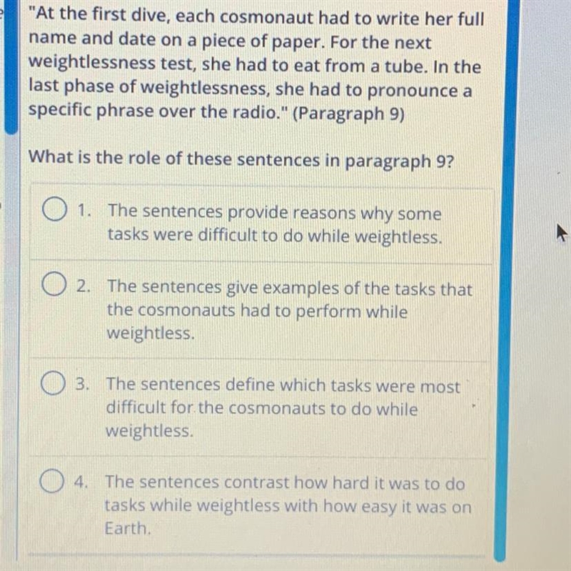 These sentences are from the passage. "At the first dive, each cosmonaut had-example-1