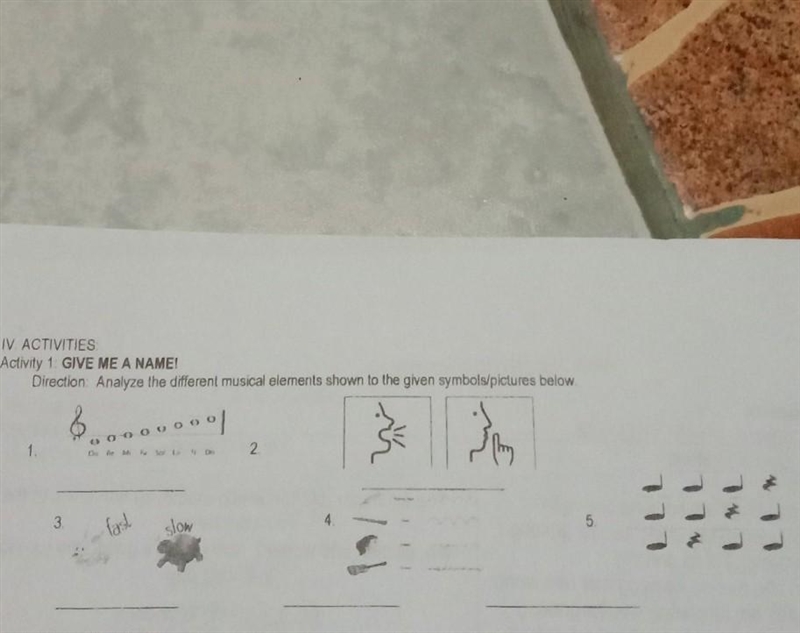 Analyze the different musical elements shown to the given symbols/pictures below. ​-example-1