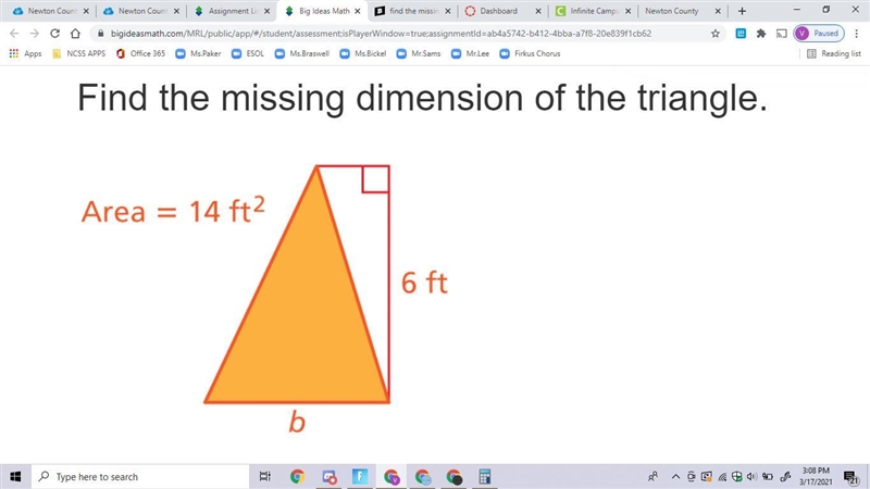 Find the missing dimension of the triangle.-example-1