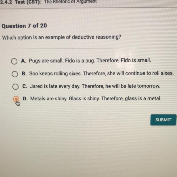 PLEASE HELP which option is an example of deductive reasoning-example-1