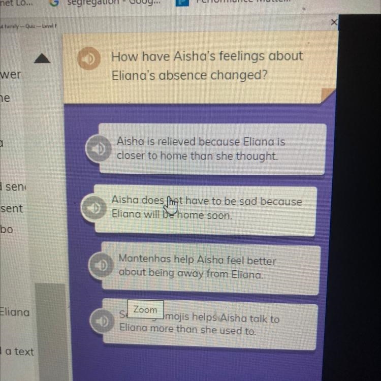 How have Aisha's feelings about Eliana's absence changed?-example-1