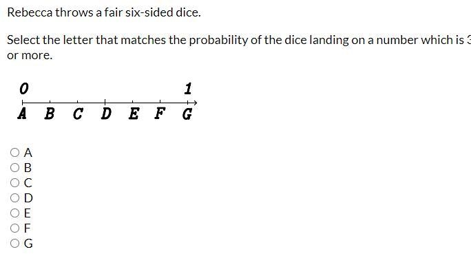 Rebecca throws a fair six-sided dice. Select the letter that matches the probability-example-1