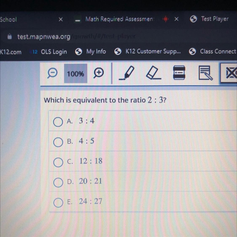 Which is equivalent to the ratio 2 : 3? O A. 3:4 B. 4:5 O C. 12:18 OD. 20:21 O E. 24:27-example-1