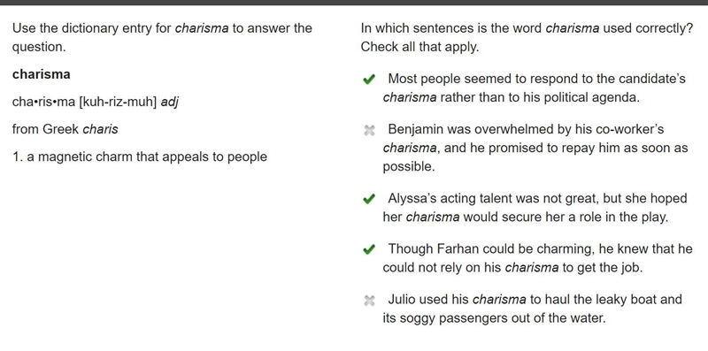 In which sentences is the word charisma used correctly? Check all that apply.-example-1