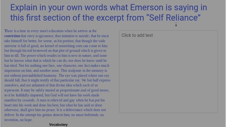 Explain in your own words what Emerson is saying in this first section of the excerpt-example-1