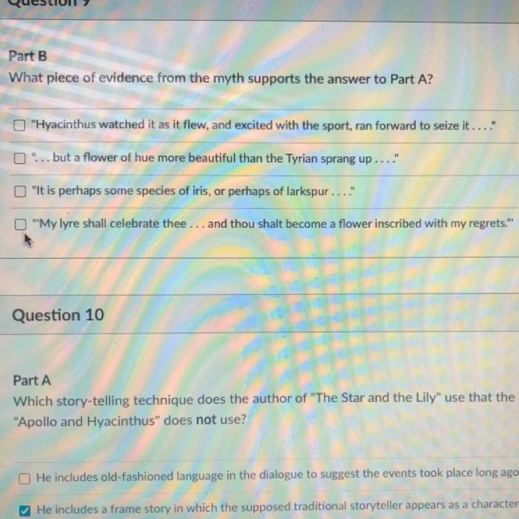 Part B What piece of evidence from the myth supports the answer to Part A? O &quot-example-1