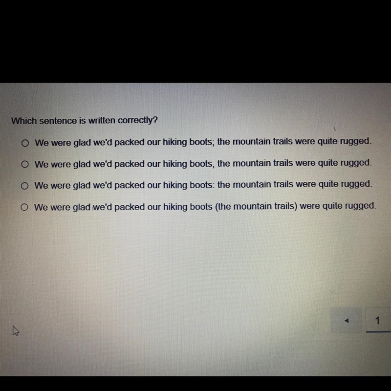 Which sentence is written correctly? O We were glad we'd packed our hiking boots, the-example-1