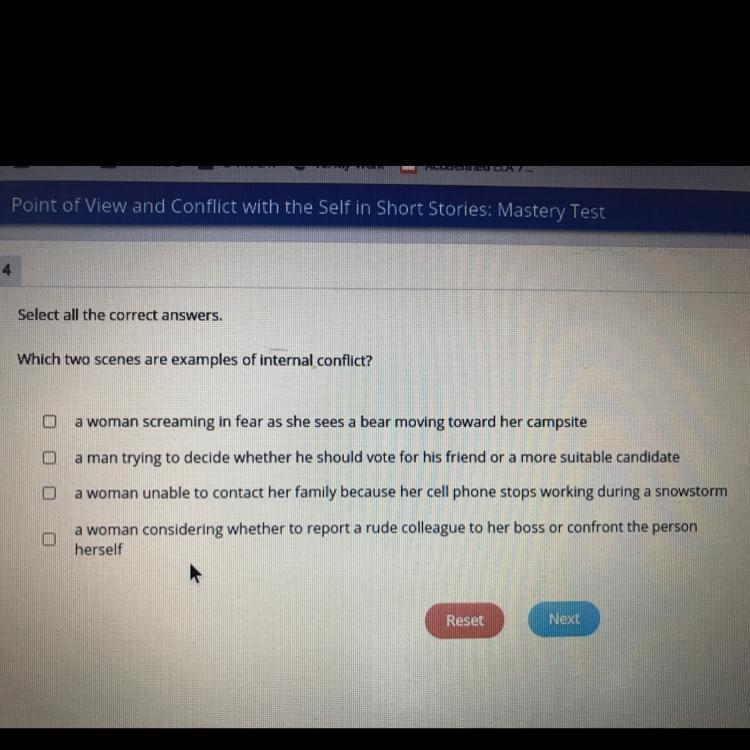 Select all the correct answers. Which two scenes are examples of internal conflict-example-1