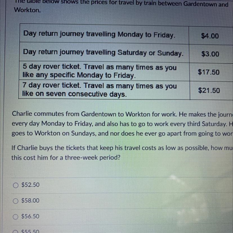 PLZ ANSWER ASAP!!! Charlie commutes from Gardentown to Workton for work. He makes-example-1