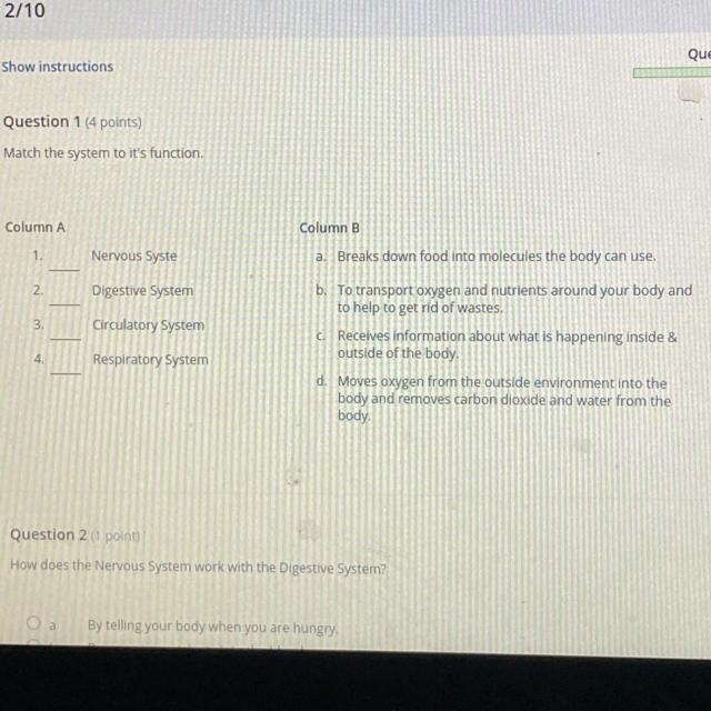 Match the system to it's function.-example-1