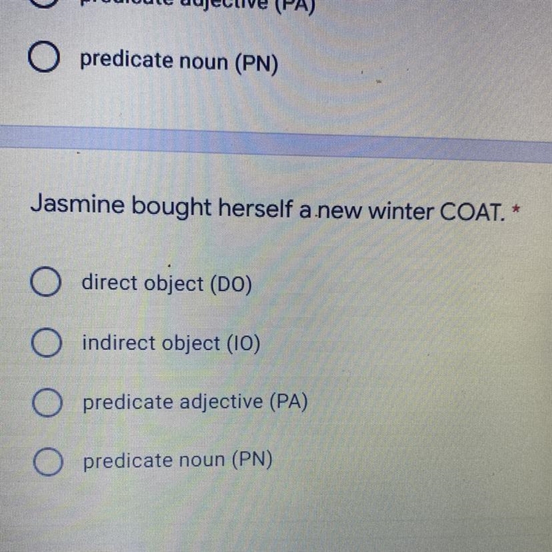 Jasmine bought herself a new winter COAT. * direct object (DO) indirect object (10) predicate-example-1