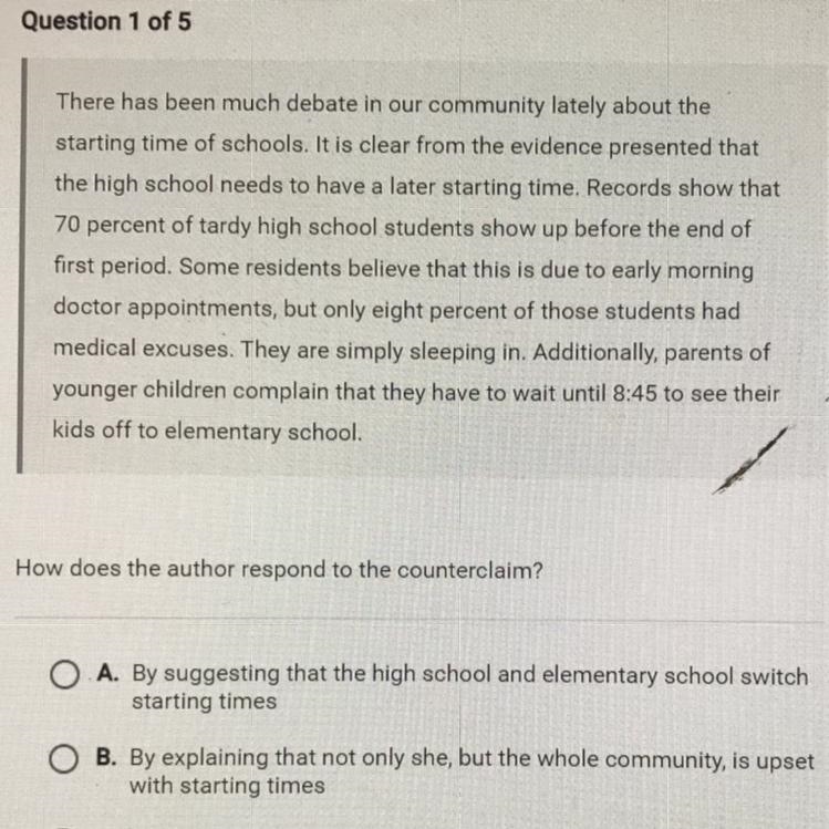 PLEASE HELP- How does the author respond to the counterclaim? A. By suggesting that-example-1