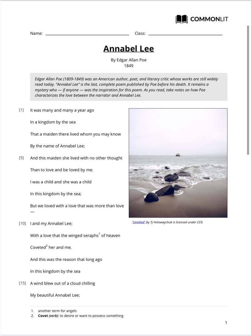 Write one example of imagery from the poem, "Annabel Lee". This must be-example-2