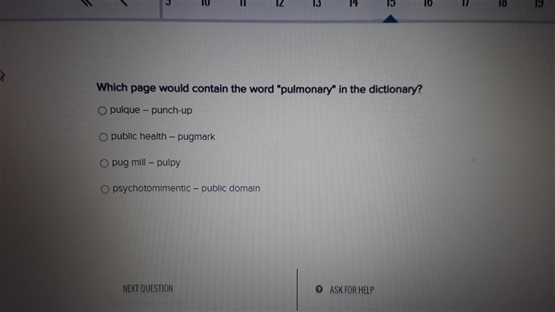 Which page would contain the word pulmonary in the dictionary-example-1