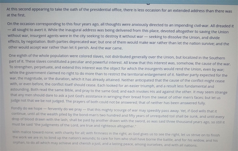 Type your response in the box Read the excerpt from Lincoln's Second Inaugural Address-example-1