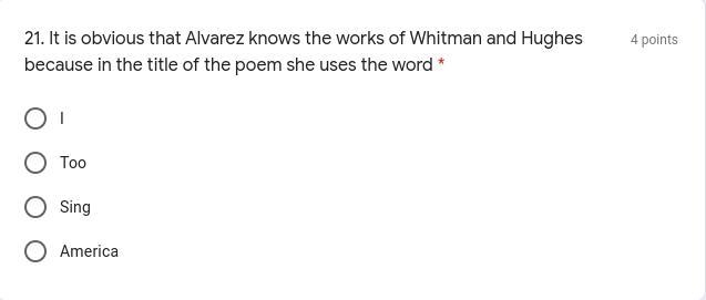 It is obvious that Alvarez knows the works of Whitman and Hughes because in the title-example-1