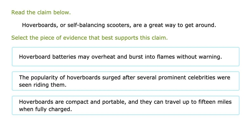 Read the claim below. Hoverboards, or self-balancing scooters, are a great way to-example-1