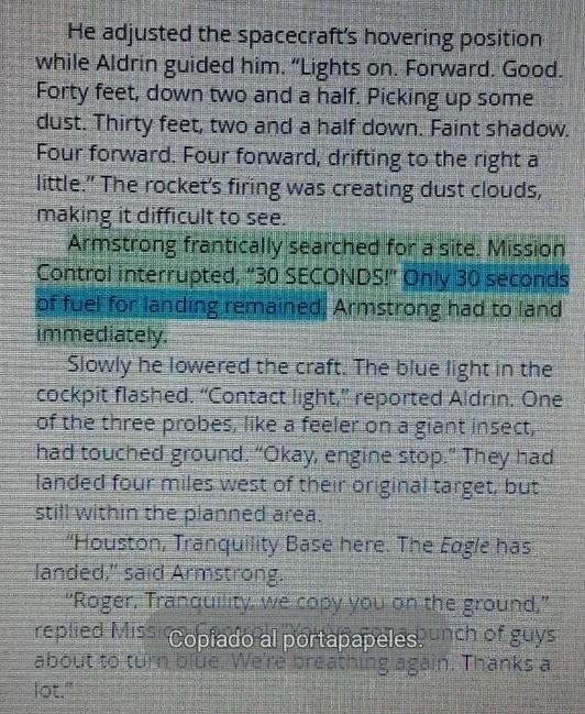 Select the highlighted sentence that tells why armstrong and aldrin were in a hurry-example-1