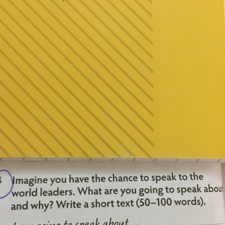 Help me Imagine you have the chance to speak to the wordl leaders.What are you going-example-1