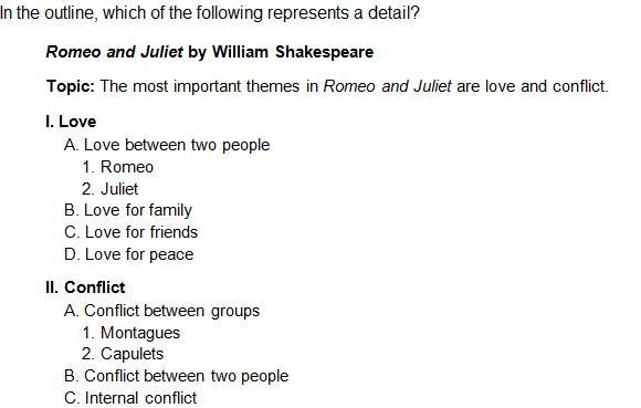 4. In the outline, which of the following represents a detail? A. “Love for peace-example-1