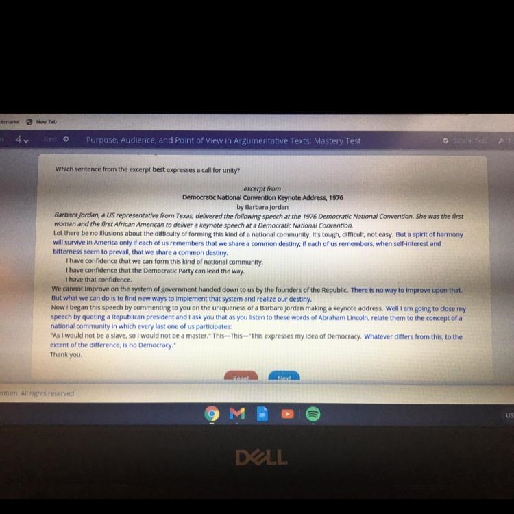 the answers are in blue. the question is: Which sentence from the excerpt best expresses-example-1