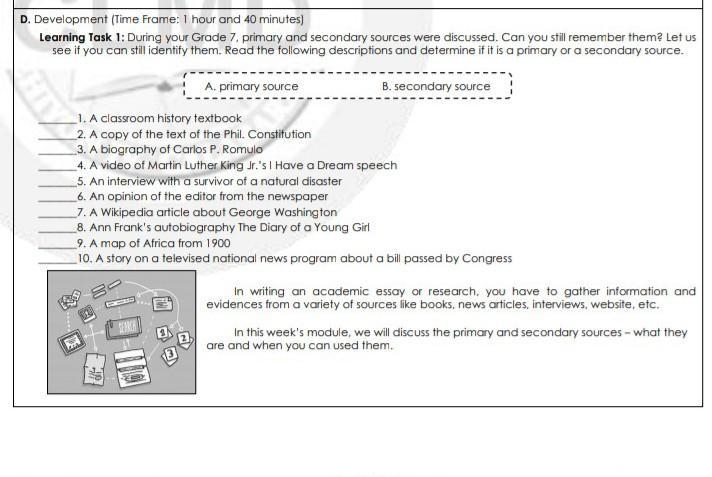 D. Development (Time Frame: 1 hour and 40 minutes) Learning Task 1: During your Grade-example-1