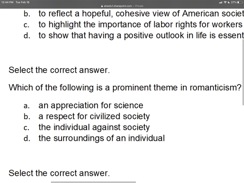 Which of the following is a prominent theme in romanticism?-example-1