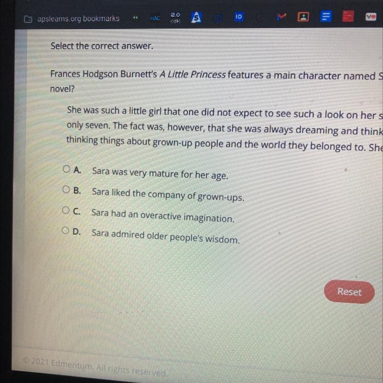 Select the correct answer. Frances Hodgson Burnett's A Little Princess features a-example-1