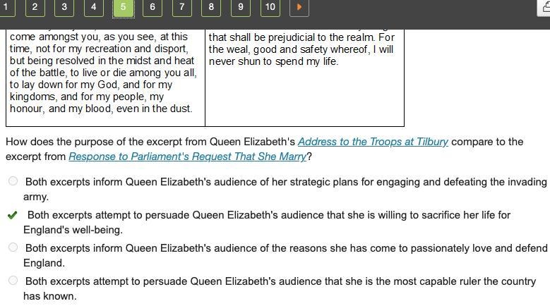 How does the purpose of the excerpt from Queen Elizabeth's Address to the Troops at-example-1