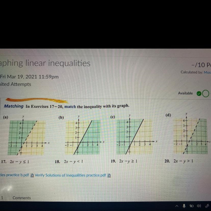 Matching In Exercises 17–20, match the inequality with its graph. (a) (d) (b) 4- 3 3- 3-+ 3- 2+ 2 2-+ 2- 1 . -2-1 2 3 4 2 3 4 17. 2x-example-1