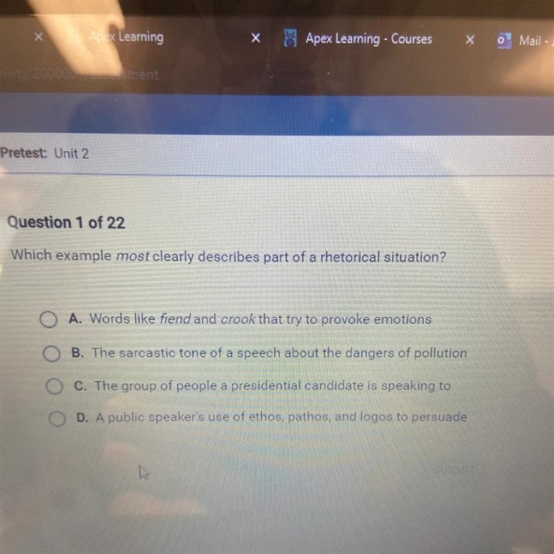 Which example most clearly describes part of a rhetorical situation? A. Words like-example-1