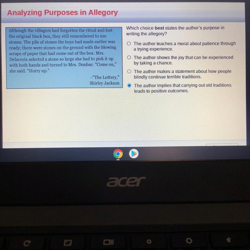 Which choice best states the author's purpose in writing the allegory?-example-1