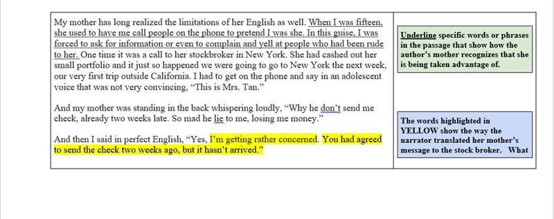 The words highlighted in YELLOW show the way the narrator translated her mother’s-example-1