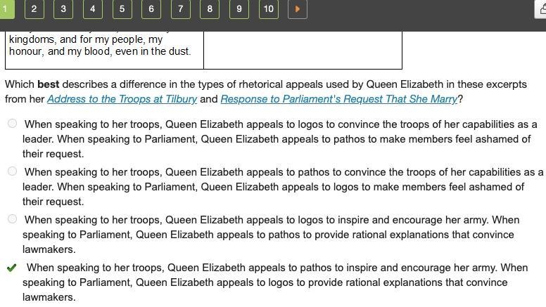 Which best describes a difference in the types of rhetorical appeals used by Queen-example-1