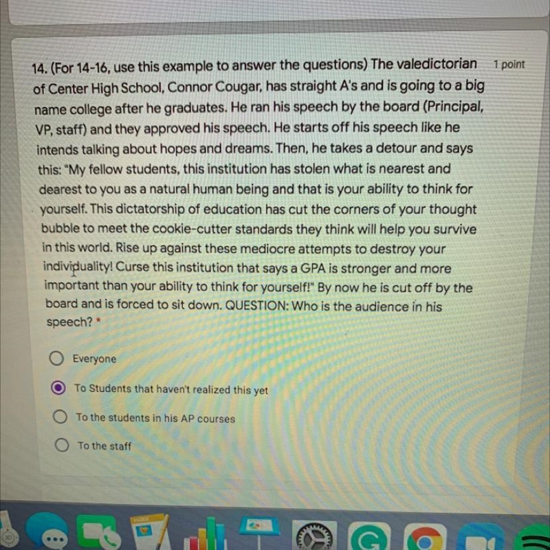 Question 15: what is the message of the D tour and Connor speech? Question 16: what-example-1