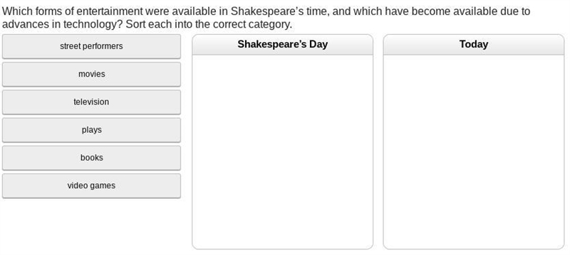 Which forms of entertainment were available in Shakespeares time, and which have become-example-1