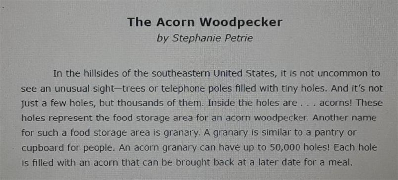 Which point does the author make in "The Acorn Woodpecker? A.granaries are difficult-example-1