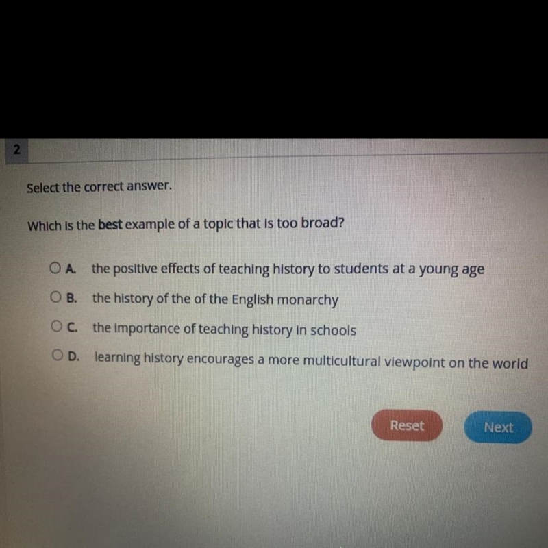 Which is best example of a topic that is too broad? A: positive effects of teaching-example-1